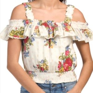 NWT House of Harlow 1960 Helena Ivory Floral Gold Dot Cropped Smocked Top - S